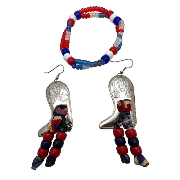 Handcrafted Cowboy Boot Earrings Jewelry Set with Red/White/Blue Beaded Bracelet - Picture 8 of 8